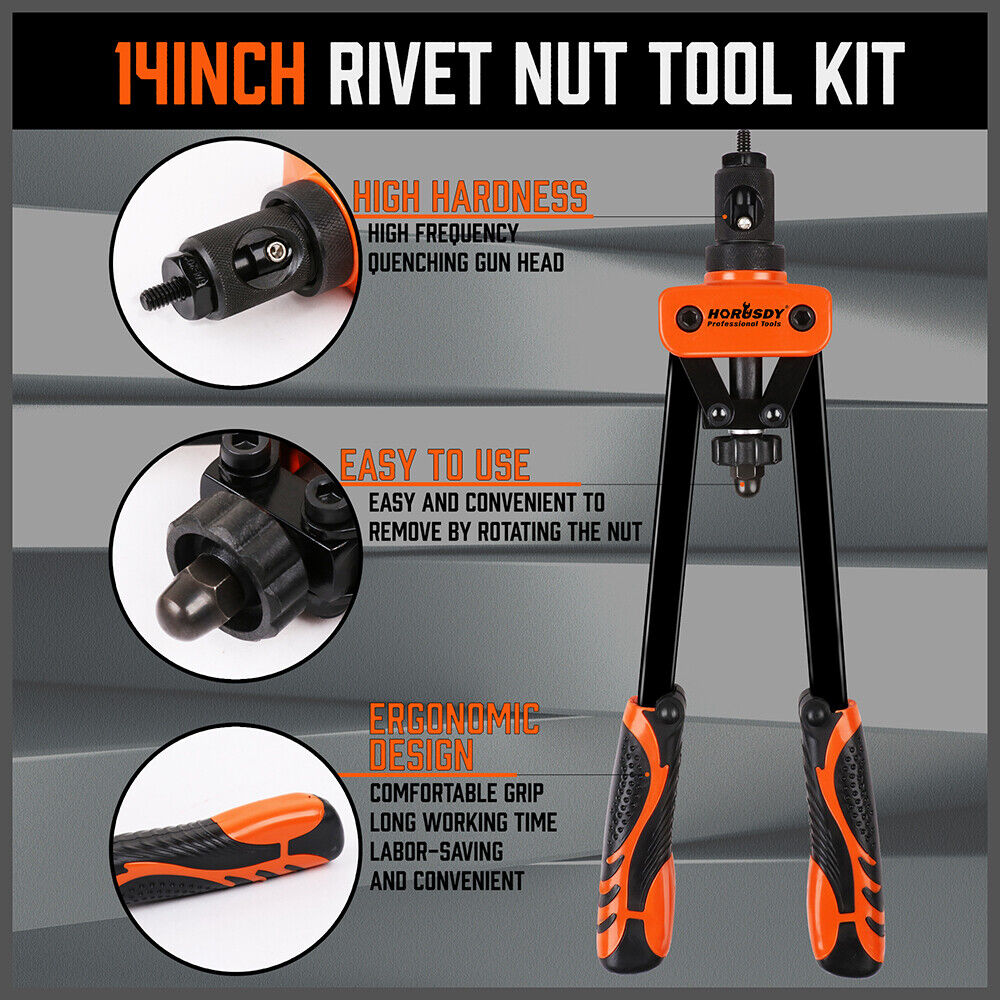 Professional 14-Inch Rivet Nut Tool Set Featuring Interchangeable Metric & SAE Mandrels and Rivnuts