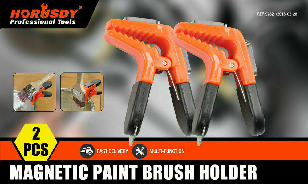 Convenient 2-in-1 magnetic clamp with integrated brush holder and paint can opener, designed to enhance painting efficiency and organization.