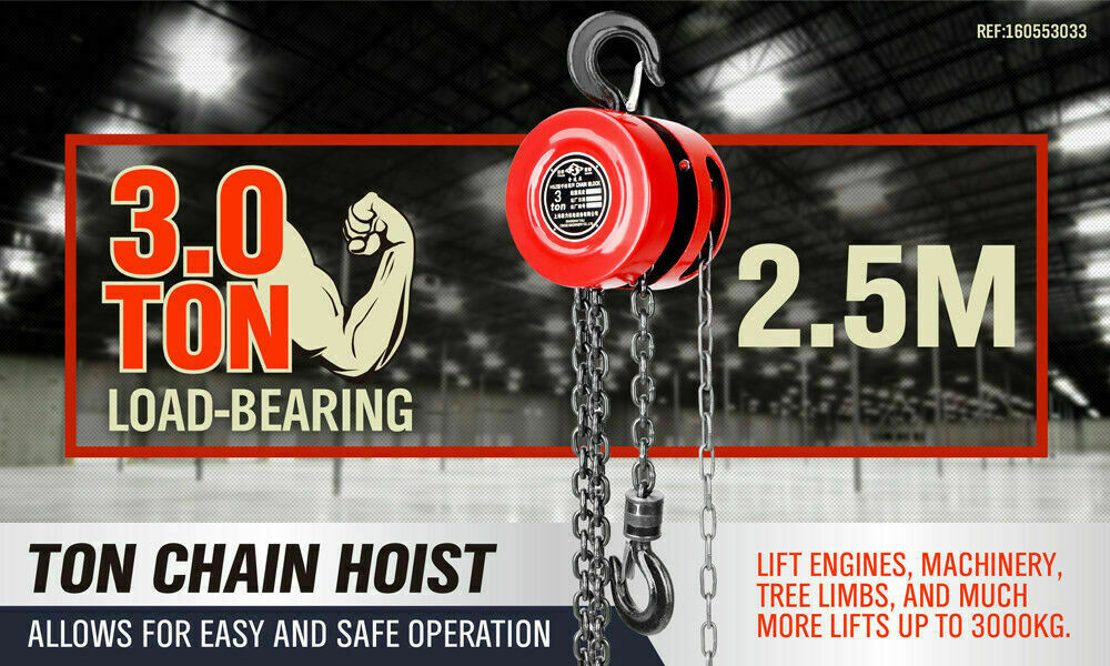 Heavy-duty 3 Ton block and tackle chain hoist with a 2.5-meter lift and swivel hooks.