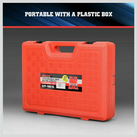 Comprehensive 27-piece carbon steel pull and press sleeve kit for bushing and bearing removal, suitable for car and heavy vehicle maintenance.