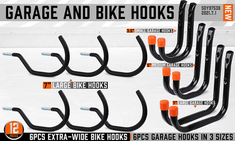 Robust 12-Piece Steel Wall Mount Hook Set for Organizing Tools, Sports Equipment in Garages and Sheds