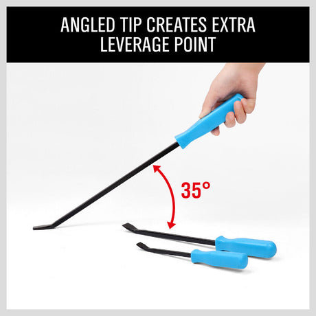 Four-Piece Steel Pry Bar Set, featuring heavy-duty drop-forged steel construction. The set includes pry bars in sizes 17 inches, 11 inches, 8 inches, and 7 inches. Each pry bar has a black oxide finish and a robust PVC square handle, making them ideal for mechanics and panel beaters for various prying and nail-pulling tasks