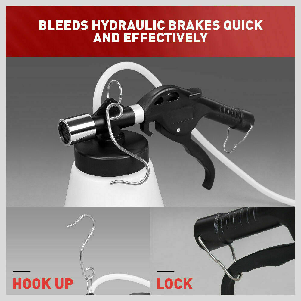 1-Liter Pneumatic Brake Fluid Bleeder Kit with various master cylinder adapters and refill container for efficient one-person brake maintenance.