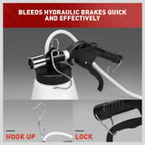 1-Liter Pneumatic Brake Fluid Bleeder Kit with various master cylinder adapters and refill container for efficient one-person brake maintenance.