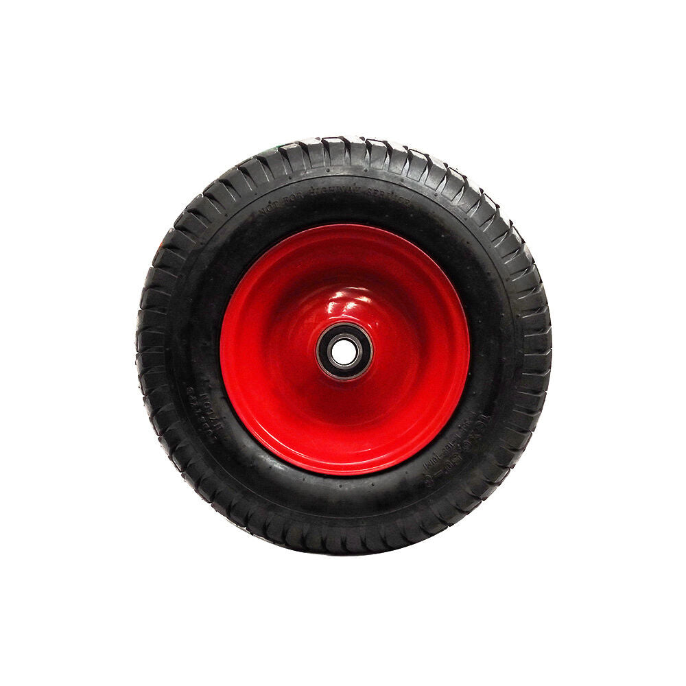 Heavy-duty 16-inch non-pneumatic wheelbarrow wheel with a red steel rim and a black tire, ideal for trolleys and carts, capable of supporting heavy loads.