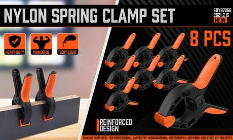 HORUSDY 8-Piece Spring Clamp Set featuring Heavy-Duty Nylon Construction and Ergonomic Non-Slip Handles for Woodworking and DIY Projects