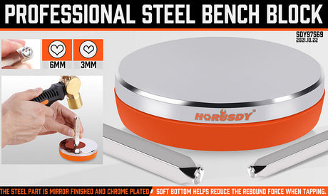 Round 3-inch steel bench block with mirror polish and soft base for jewelry stamping, including two punches.