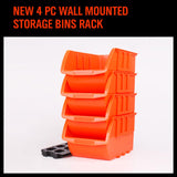 Red and orange stackable plastic parts storage bins with wall-mounted rack, ideal for organizing small tools, fishing tackle, and craft supplies