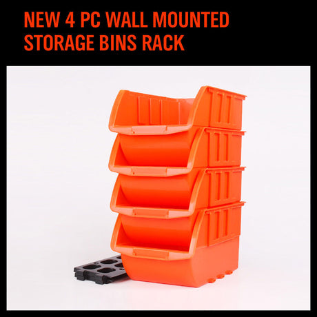 Red and orange stackable plastic parts storage bins with wall-mounted rack, ideal for organizing small tools, fishing tackle, and craft supplies
