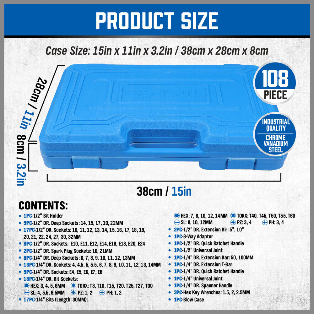 HORUSDY 108-Piece Comprehensive Socket Set with Ratchet Wrenches, Torx, Hex, and Deep Sockets, Extensions, and Screwdriver Bits in a Durable Carry Box