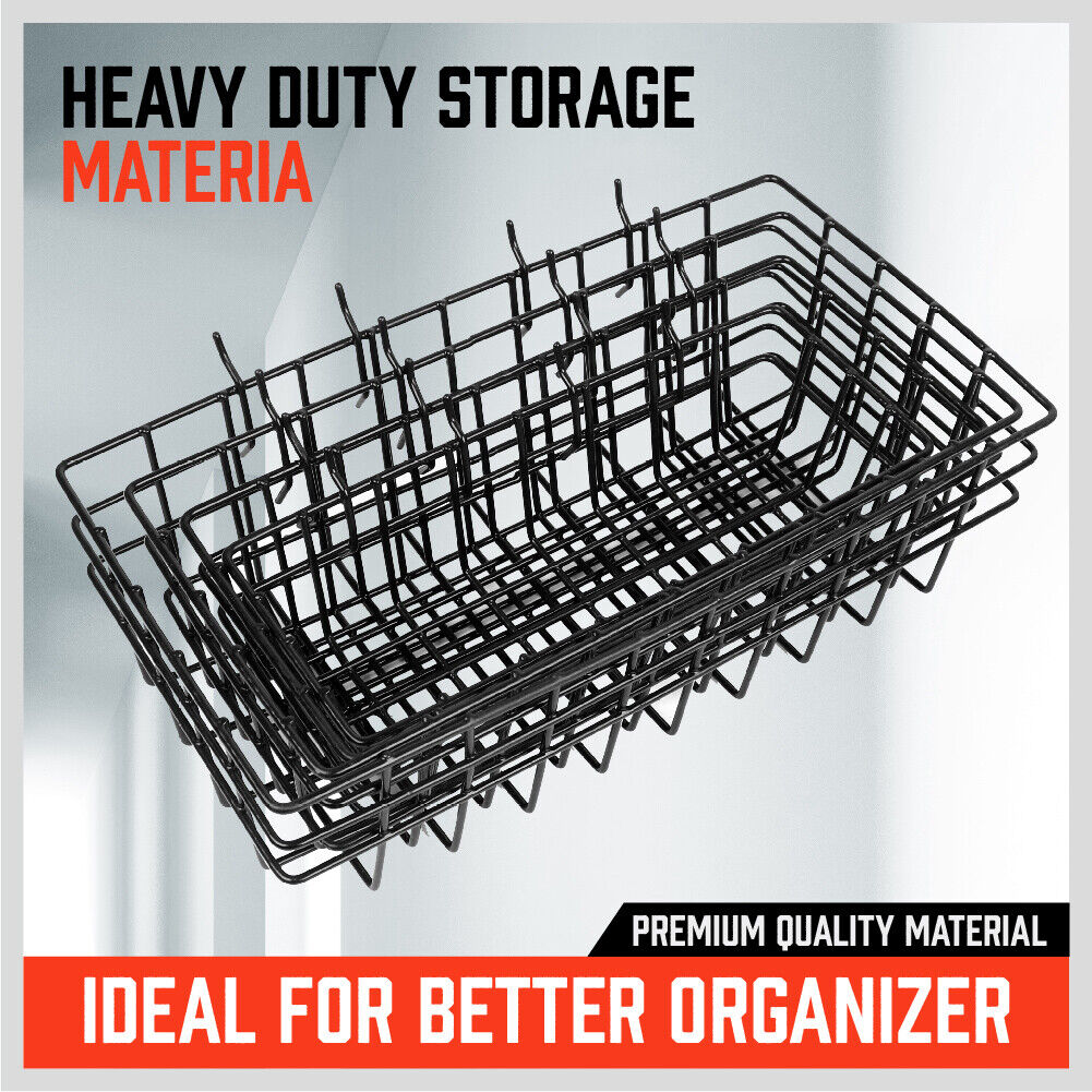 Set of 4 Pegboard Baskets in various sizes (S, M, L, XL), crafted from durable hardened steel with a chrome finish, offering strength, rust, and corrosion resistance. These baskets are designed for use with 1/8, 3/16, or 1/4 inch pegboards, ideal for organizing tools, paint brushes, extension cords, and sports equipment in garages, workshops, kitchens, and more