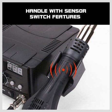 Professional 2-in-1 soldering and desoldering station equipped with a precision hot air gun and soldering iron, featuring dual digital LCD displays for accurate temperature control