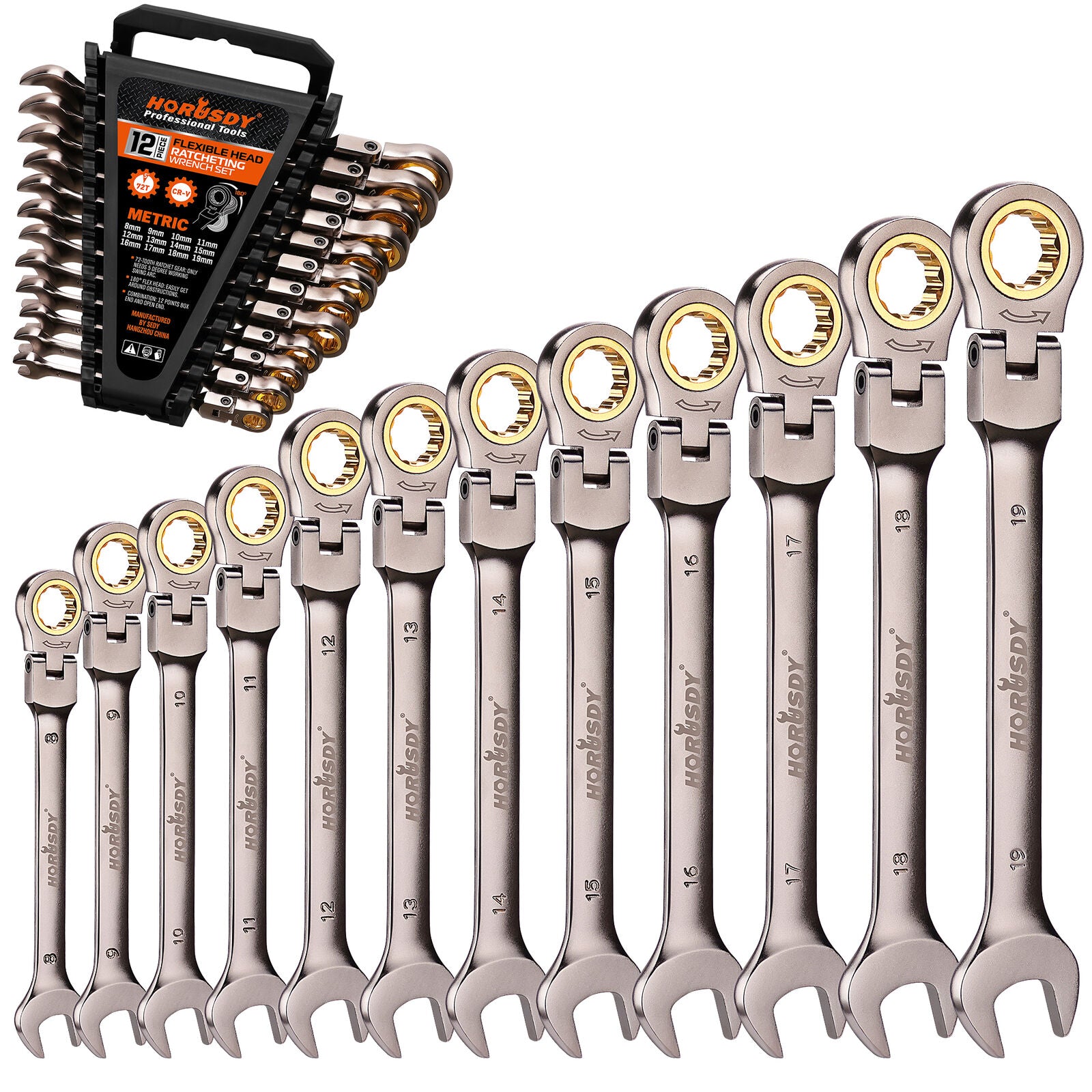 HORUSDY 12-Piece Metric Flexible Head Ratchet Spanner Set, 8-19MM, Chrome Vanadium Steel, Nickel-Chromium Finish