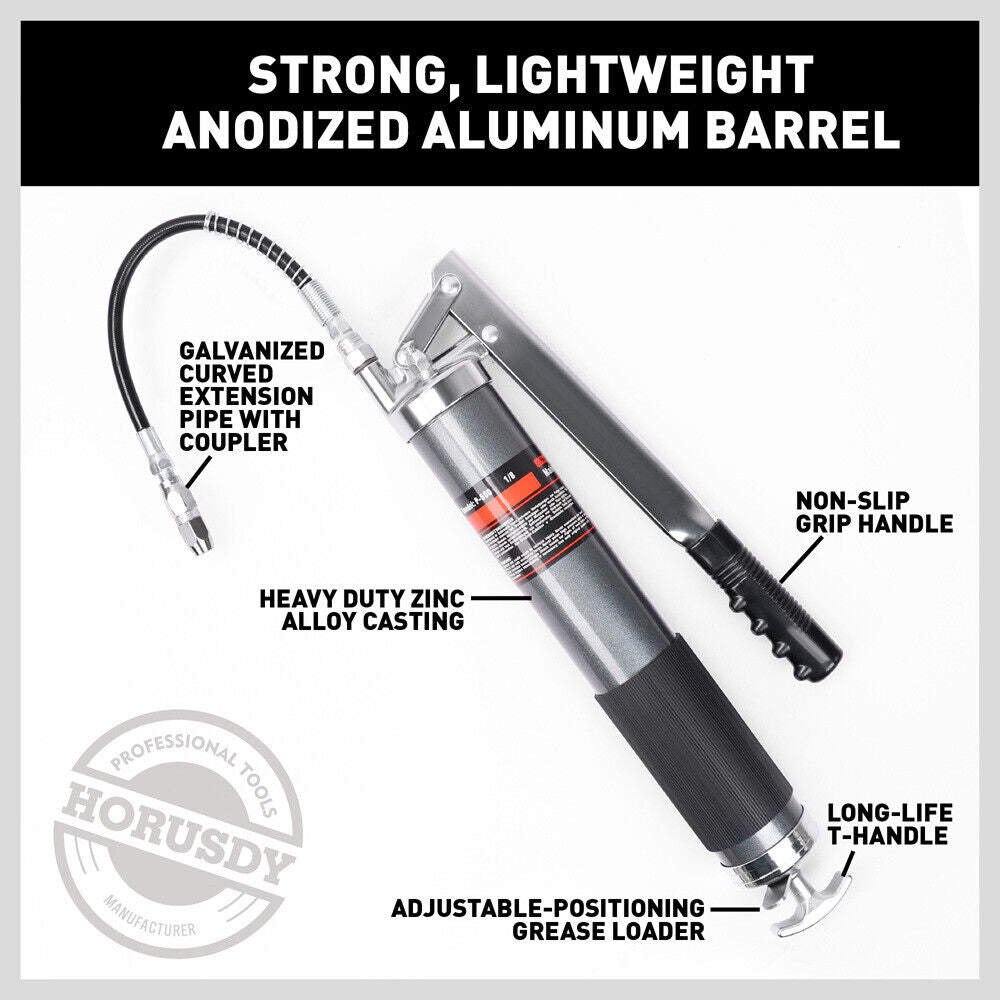 Robust 600cc Manual Grease Gun Kit - Includes Flexible Hose, Curved Extension Pipe, and 10000PSI Coupler for Efficient Lubrication