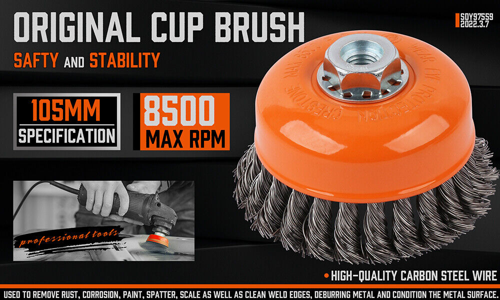 4-inch heavy-duty steel wire wheel cup brush for rust removal and surface preparation, compatible with M14 angle grinders