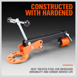 Professional Vehicle Fender Roller, a vital tool for auto repair, featuring an iron body for optimal hardness. Fully adjustable arm for gradual pull or push, versatile for a range of vehicle fender repairs. Includes 5 conical lug nut rings and a manual, with a minimum length of 300mm and a maximum of 578mm, weighing 6.8kg