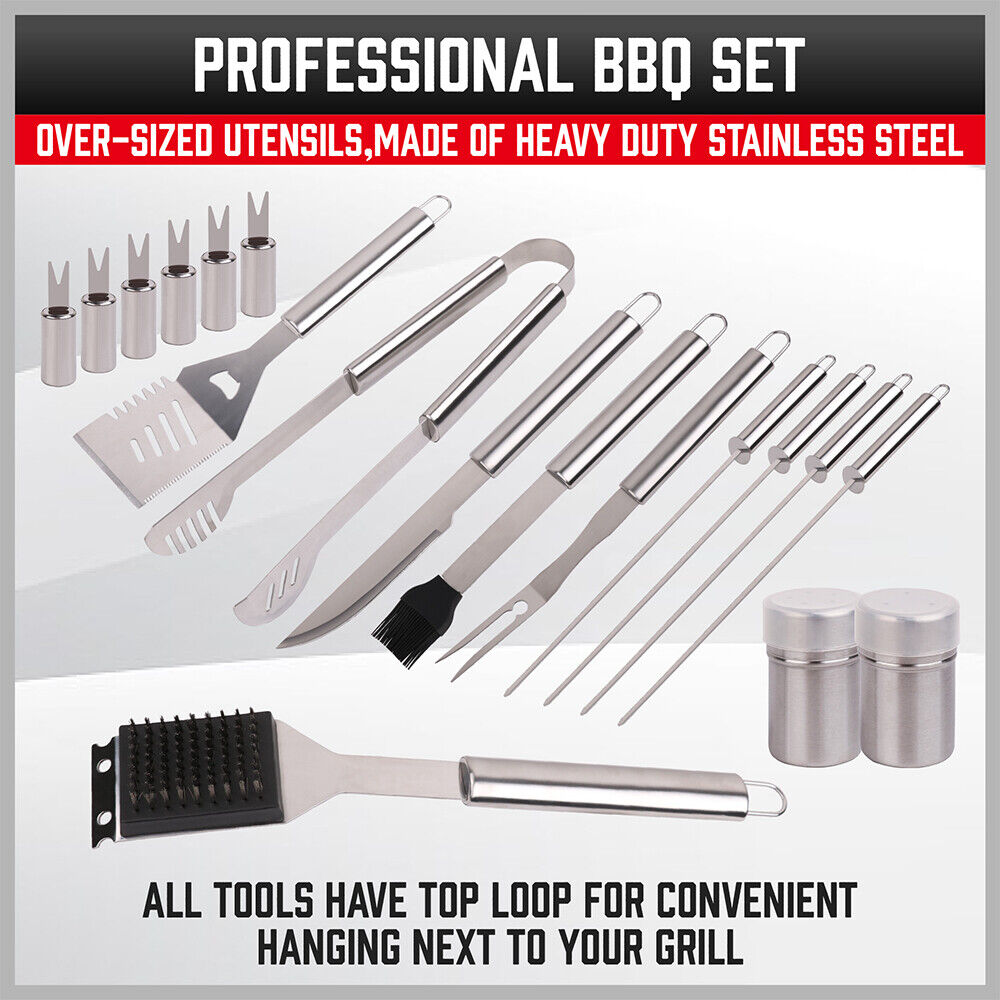 Complete 18-piece BBQ tool set crafted from durable stainless steel, including spatula, tongs, skewers, and more, housed in a sleek aluminum case
