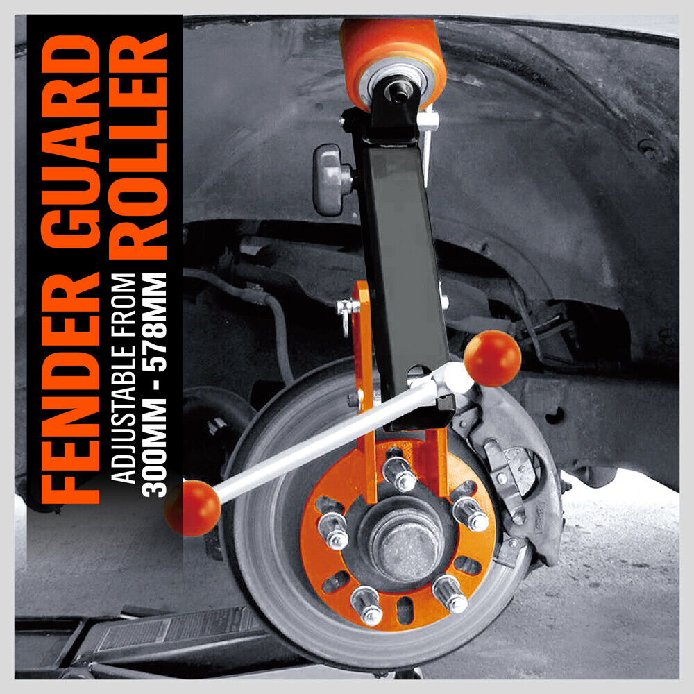 Professional Vehicle Fender Roller, a vital tool for auto repair, featuring an iron body for optimal hardness. Fully adjustable arm for gradual pull or push, versatile for a range of vehicle fender repairs. Includes 5 conical lug nut rings and a manual, with a minimum length of 300mm and a maximum of 578mm, weighing 6.8kg