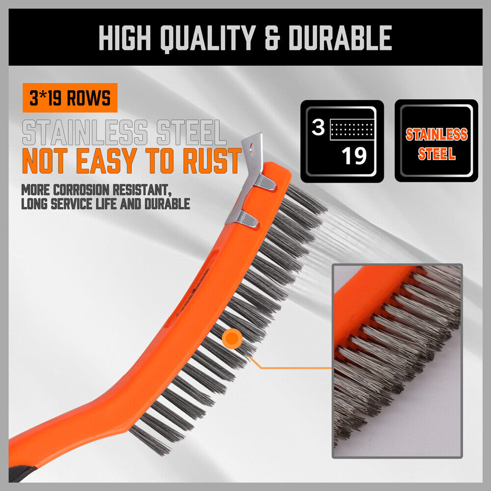 Durable 335mm Stainless Steel Wire Brush with Rubber Grip for Surface Cleaning