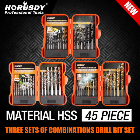 Comprehensive 45-Piece HSS Drill Bit Set, including 15 Metal, 15 Wood, and 15 Concrete Drill Bits in Various Sizes, with a Sturdy Carrying Case