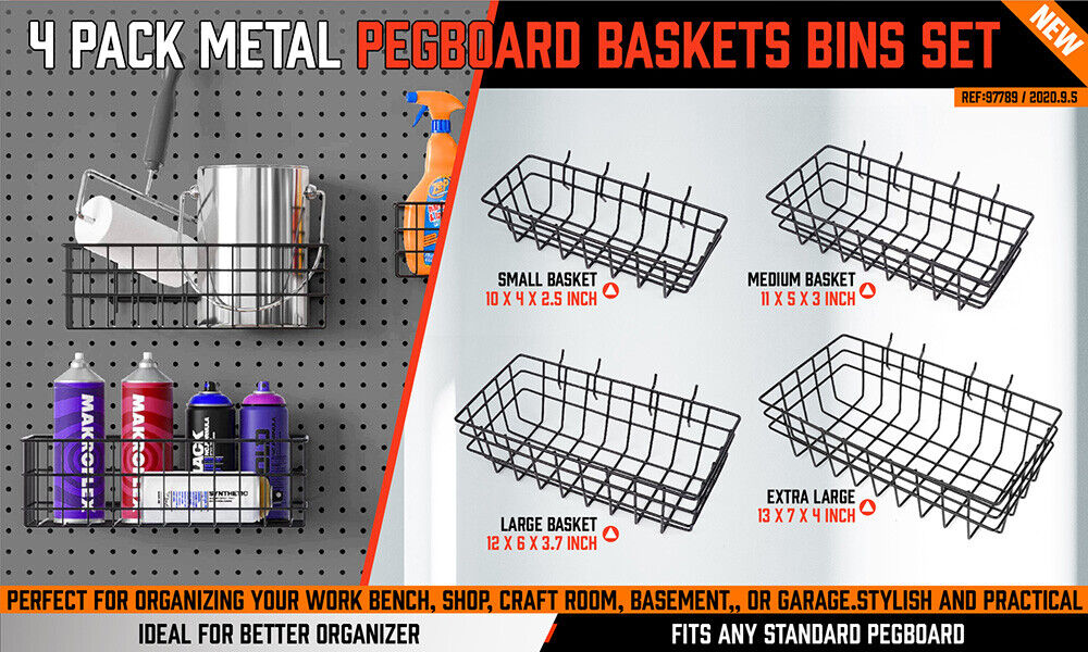 Set of 4 Pegboard Baskets in various sizes (S, M, L, XL), crafted from durable hardened steel with a chrome finish, offering strength, rust, and corrosion resistance. These baskets are designed for use with 1/8, 3/16, or 1/4 inch pegboards, ideal for organizing tools, paint brushes, extension cords, and sports equipment in garages, workshops, kitchens, and more