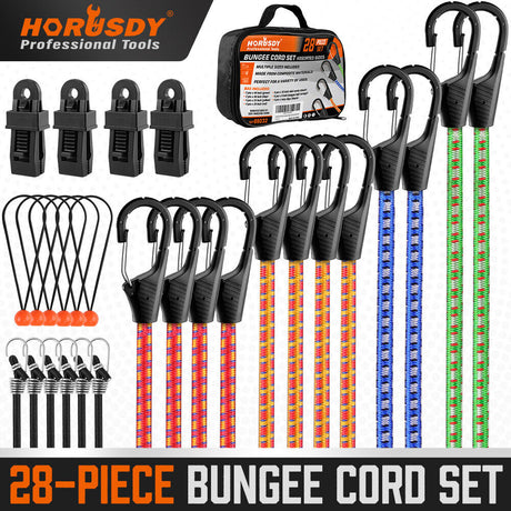 HORUSDY 28Pcs Outdoor Bungee Cord Set - Heavy-Duty Latex and Polyester, Multi-Length Cords with Secure Hooks