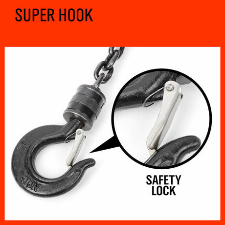 Heavy-duty 2 ton block and tackle with a 2.5M lifting chain, featuring 360-degree swivel hooks and automatic brake for secure hoisting