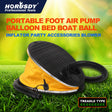 Compact and portable foot air pump with non-kink hose and three nozzles for various valves.