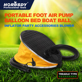 Compact and portable foot air pump with non-kink hose and three nozzles for various valves.