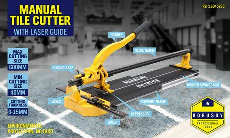 Professional 600mm Manual Tile Cutter with Laser Guide - Features Titanium Cutting Wheel, Non-Slip Bed, and Adjustable Table