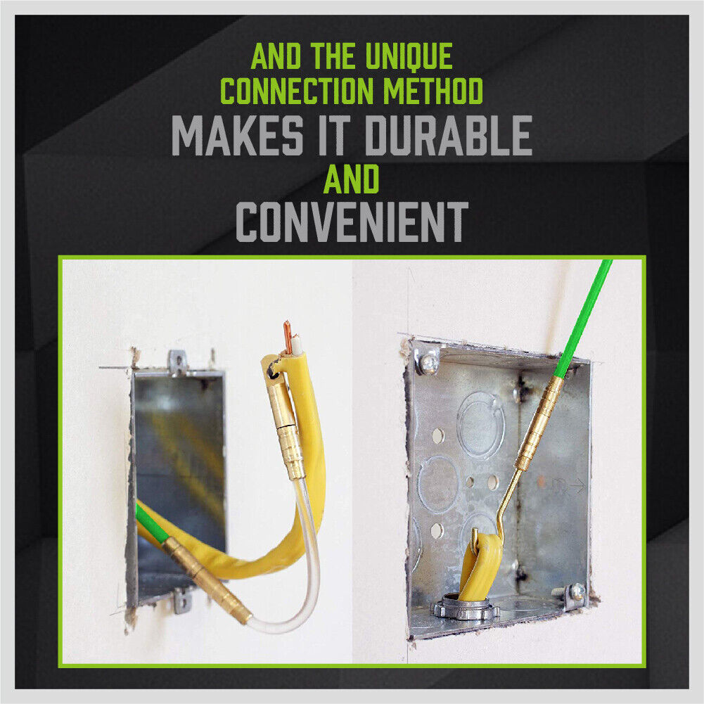 SWANLAKE 15-meter Fiberglass Push Pull Rods Set, featuring threaded brass connectors and various head attachments. Ideal for electricians and contractors for routing cables through walls, attics, and ceilings. Includes a flexible search head, eyelet heads, a brass hook head, and a magnetic head for versatile wiring applications