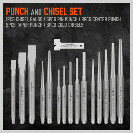 16-piece punch and chisel set including pin punches, tapered punches, cold chisels, center punches, and a gauge, all neatly rolled in a pouch
