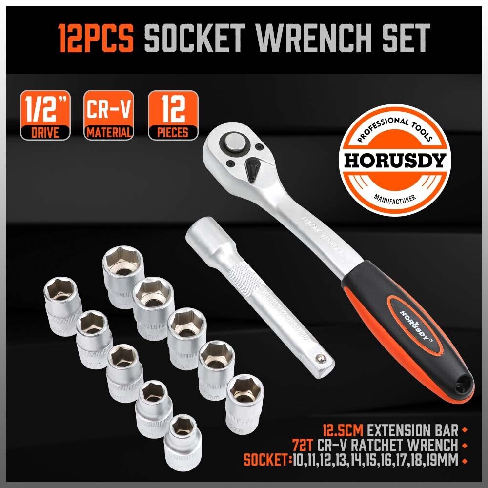 HORUSDY 12-Piece Ratchet Socket Wrench Set, Chrome-Plated Metric Sockets, and Extension Bar, with Convenient Storage Rack