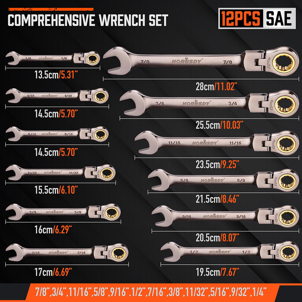 HORUSDY 12-Piece SAE Ratchet Spanner Set, 72-Tooth Precision, Flexible Head, Chrome Vanadium Steel, Nickel-Chromium Finish, Sizes 1/4" to 7/8