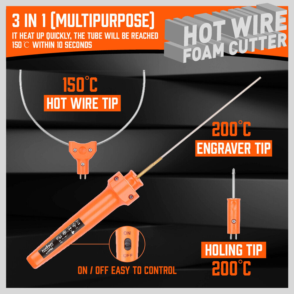 Comprehensive 3in1 Hot Wire Foam Cutter with interchangeable tips for cutting, engraving styrofoam, and polystyrene materials.