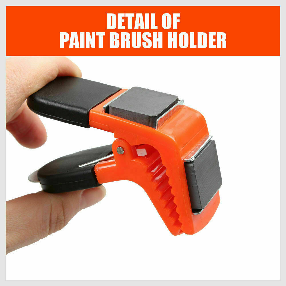 Convenient 2-in-1 magnetic clamp with integrated brush holder and paint can opener, designed to enhance painting efficiency and organization.