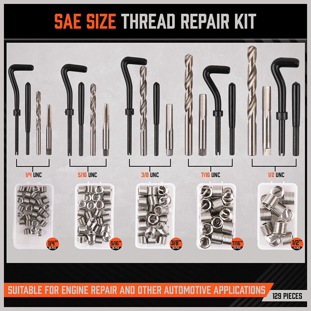 Comprehensive 300-Piece Thread Repair Kit Including HSS Drills, Helicoil Taps, and Inserts