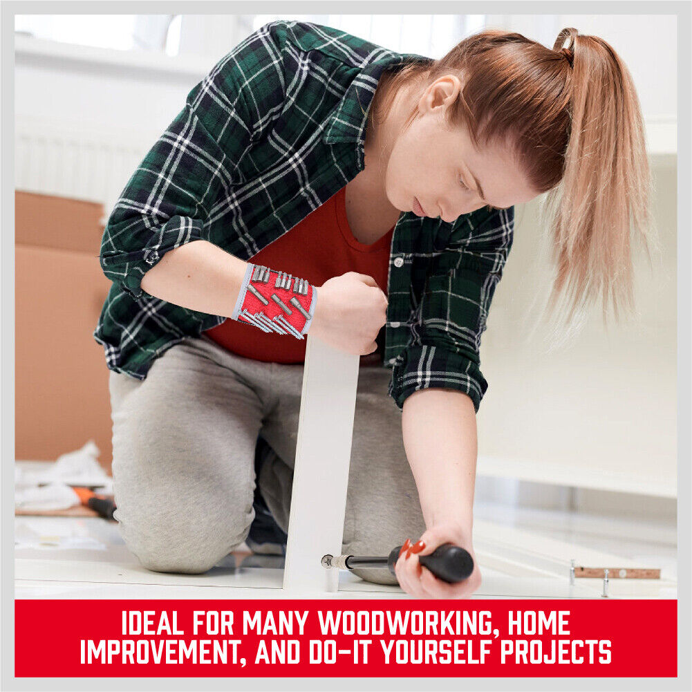 Four-piece Magnetic Parts Holder Set featuring a wristband and three trays in different sizes and shapes. Includes one mini rectangular tray, one large round bowl, and one large rectangular tray, all made of solid stainless steel with strong magnets for secure tool holding