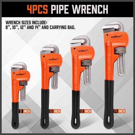 Set of four heavy-duty pipe wrenches in sizes 8, 10, 12, and 14 inches, featuring high-strength malleable cast iron handles and heavy forged steel heads for durability. The wrenches have sharp, precise teeth for a firm grip on pipes and comfortable plastic-wrapped handles for easy use.