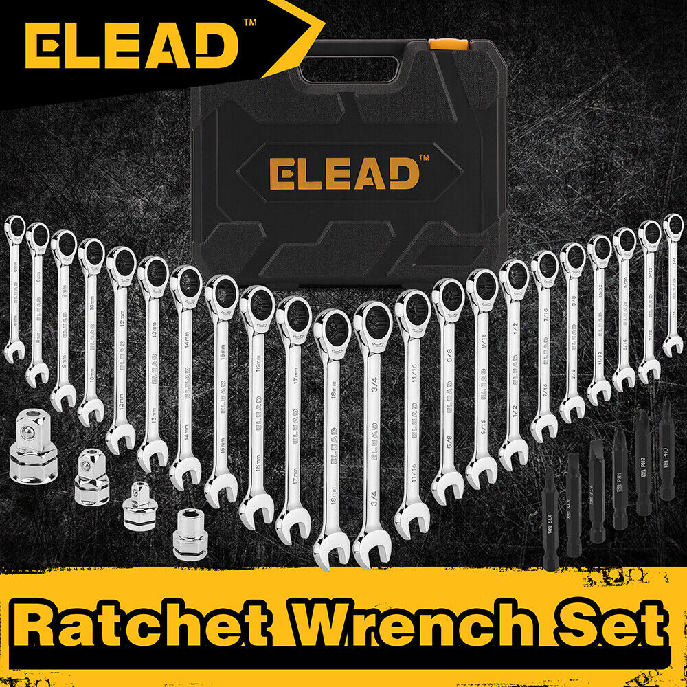 ELEAD 33-piece ratchet wrench set with various SAE and metric sizes, featuring a durable case, Phillips and slotted bits adapter for versatile use.