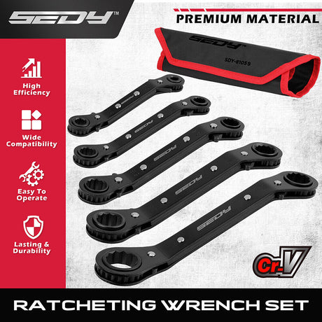 SEDY 5Pc SAE Ratchet Wrench Set - Offset Double End with 72 Tooth Ratchet, Matte Chrome Finish