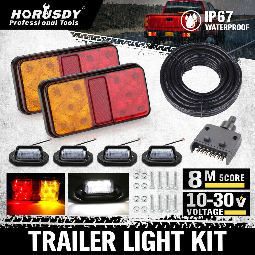 LED Trailer Tail Light Kit for Caravan Ute 7 Pin Flat Plug - Brake, Tail, Turn Signal, Reflector Lights