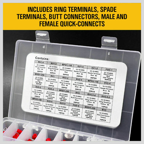 Electrical Wire Connectors Kit featuring 400 assorted terminals with Cable Crimper and Stripper Tool for various electrical projects