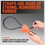 Two-piece adjustable strap wrench set with reinforced rubber belts and ergonomic handles.