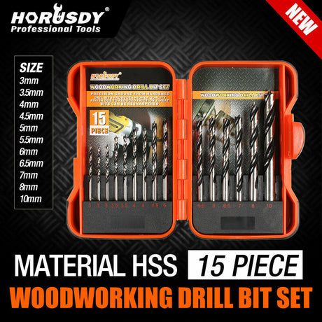 Comprehensive 45-Piece HSS Drill Bit Set, including 15 Metal, 15 Wood, and 15 Concrete Drill Bits in Various Sizes, with a Sturdy Carrying Case