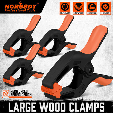 Pack of 4 HORUSDY 7-inch black nylon spring clamps with orange non-slip TPR handles and reinforced glass fiber construction for secure clamping.