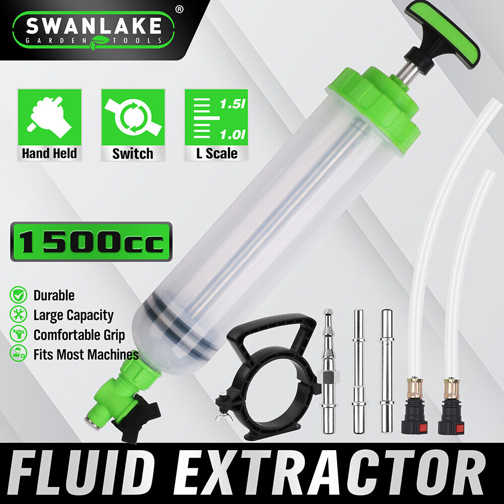 SWANLAKE 1.5 Liter Oil Extractor Fluid Transfer Pump with Fittings and Hose. Perfect for automotive, motorcycle, and machinery maintenance, easily extracting and refilling fluids like brake fluid and gear oil. Ergonomic handle design for comfortable use, clear tank with measurement scale for precise fluid management