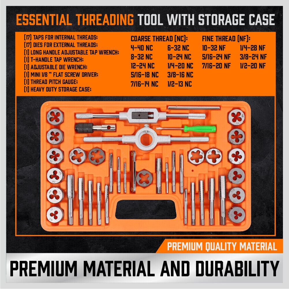Comprehensive 40 Piece Tap and Die Set in Imperial SAE Measurements with Screwdriver Thread Drill and Pitch Gauge