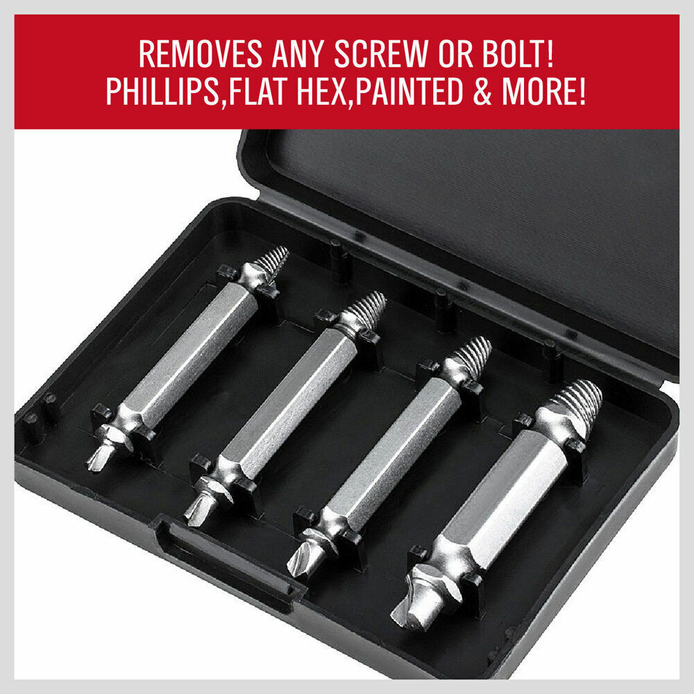 Four-piece set of damaged screw extractors, designed for easy removal of broken screws and bolts in sizes No. 4 to No. 24, suitable for use in automobiles, furniture, toys, and appliances. The set is presented in a charcoal grey plastic case