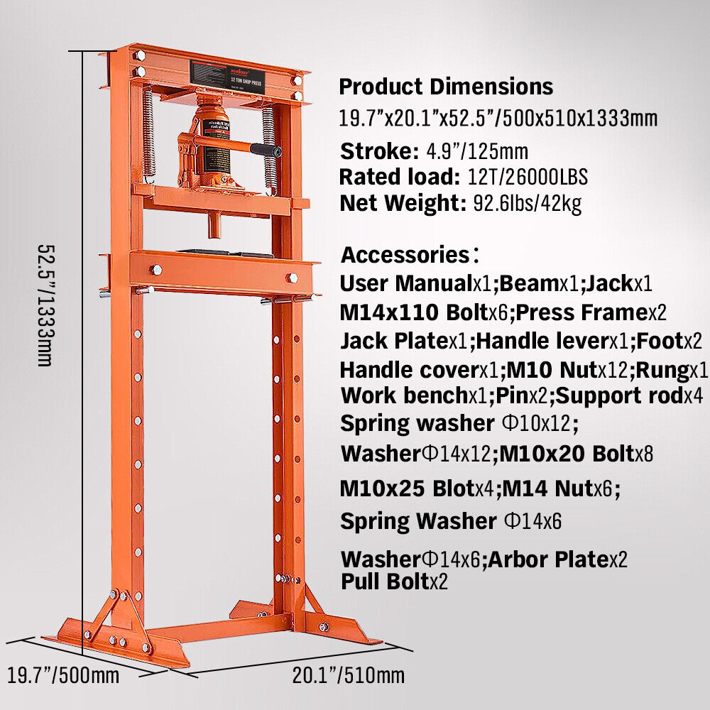 HORUSDY 12T Heavy-Duty Hydraulic Shop Press, H-Frame Benchtop Jack Stand with 2600LBS Load Capacity, Ideal for Automotive & Metalworking